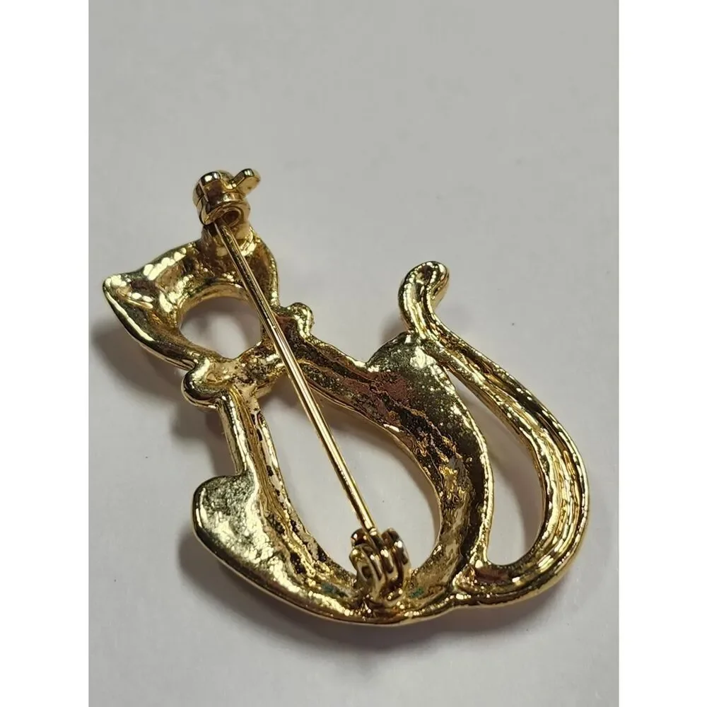 Gold Cat Brooch Pin with Clear Rhinestones- Elegant Pet-Themed Accessory